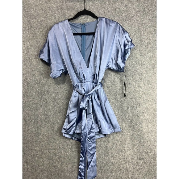Revolve Romper Women Small Blue Satin V Neck Short Sleeve tie Waist - Picture 1 of 5